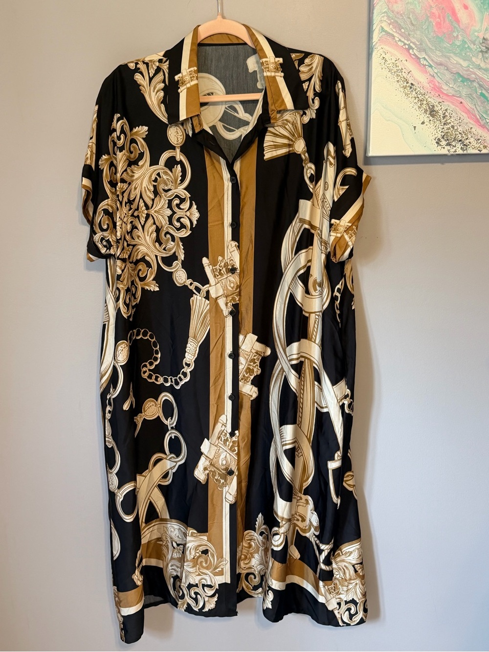 NWOT Made in Italy Black Gold Silk Blend Equestrian Shirt Dress M
